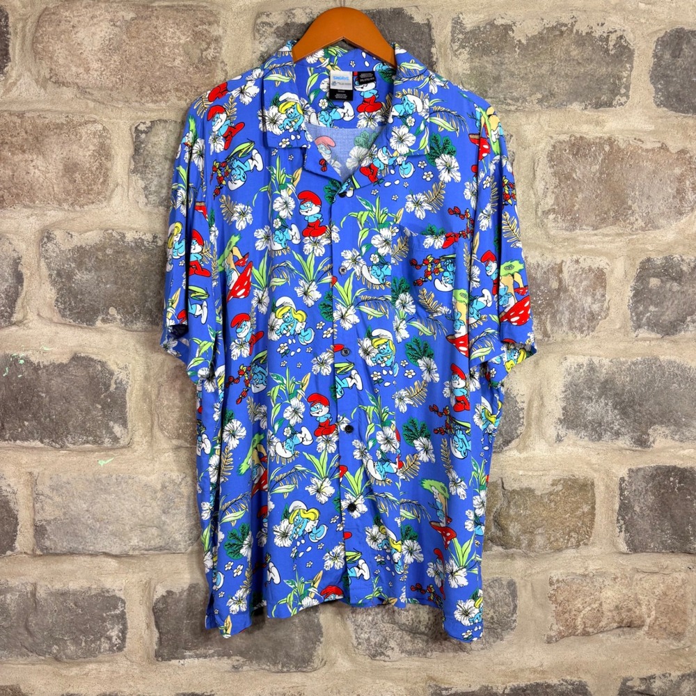 Mad Engine The Smurfs Hawaiian Shirt Men's 3XL Blue Tropical Hibiscus Button‎ Up
